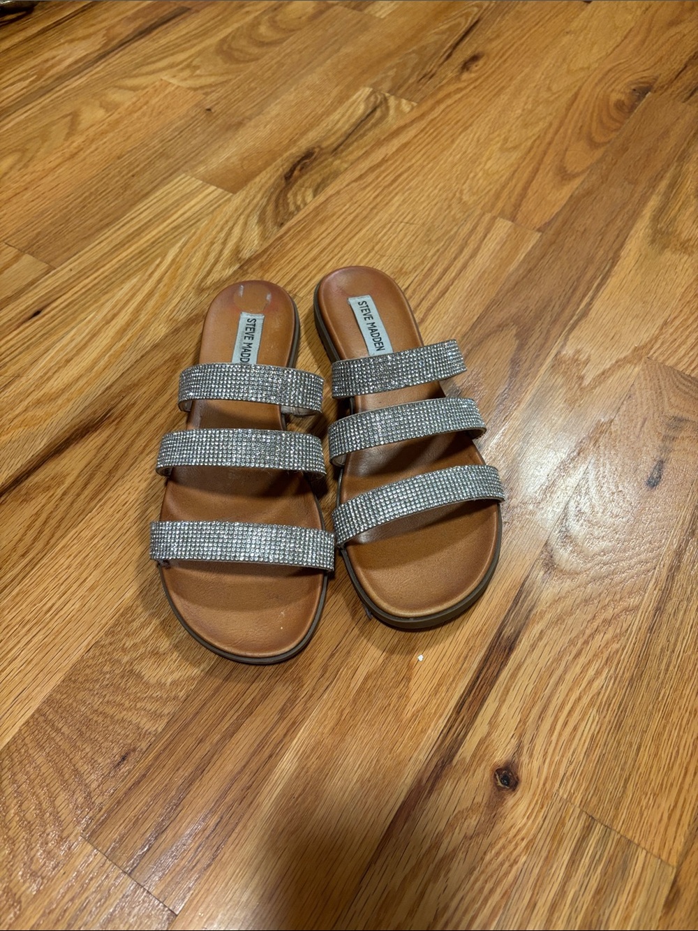 Steve Madden Brown Slide Sandals with Silver Crystal Straps